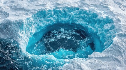 Aerial view of a stunning ice hole in the Arctic ocean, surrounded by snow and icy textures