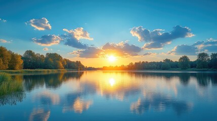 Fototapeta premium Serene sunset over a tranquil lake with reflections, surrounded by lush trees and clouds