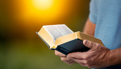 Reading Bible outdoor, sun glare, background is blurred. Religion or faith generative AI