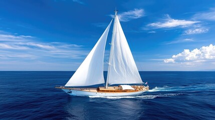 Fototapeta premium Elegant white sailboat cruising through the deep blue ocean under a bright sunny sky.