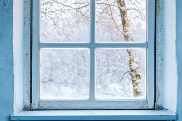 Snow covered trees seen through an old window frame