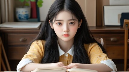 Teen girl studying book, library setting, calm background, education