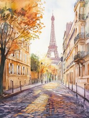 Obraz premium Romantic autumn street view of Paris with iconic Eiffel Tower in background during golden hour. Generative AI