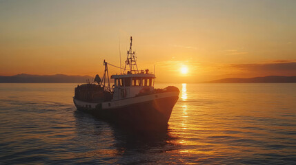 Fototapeta premium Fish trawler boat in sea vector marine background. Commercial fishery ship with lifebuoy in ocean water cartoon vector illustration. Adventure game for catching fish, early evening with orange sunset