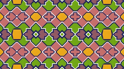 Naklejka premium Geometric Islamic Pattern Design Green, Pink, Gold Tile