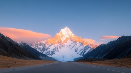 Majestic mountain peak illuminated by sunrise, surrounded by serene valleys and distant ranges