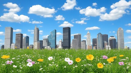Naklejka premium Urban Greenery Sustainable Cityscape Eco-Friendly Modern Architecture Meadow Flowers Spring Blossom