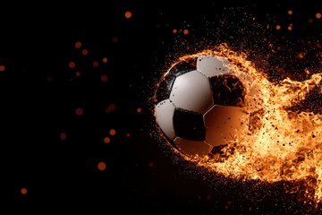 Fototapeta premium Soccer ball flying in flames. Background with sparks. Use sports illustration