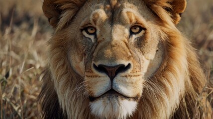 Fototapeta premium Close-up portrait of a male lion in the African savanna. A powerful image of wildlife and the king of the jungle.