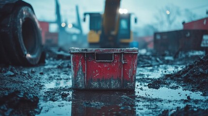 A weathered red toolbox sits in a muddy construction site, with machinery working in the foggy background