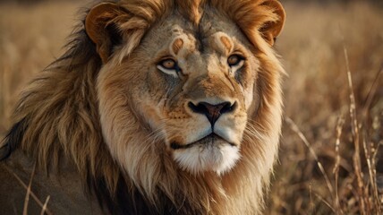 Fototapeta premium Close-up portrait of a male lion in the African savanna. A powerful image of wildlife and the king of the jungle.