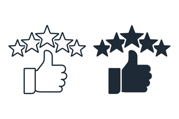 Thumbs up and five stars.Customer review rating. Vector linear icon isolated on white background.