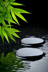 Rocks in water with bamboo leaves for peaceful background or wellness promotion generative AI