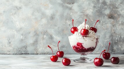 Delicious dessert with whipped cream and cherries in a glass bowl on a textured background