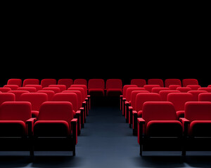 Fototapeta premium Rows of red seats in empty movie theater or stage, dark background, event promo generative AI