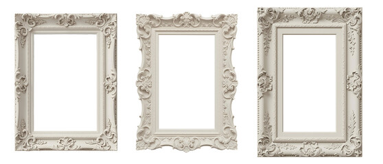 Ornate vintage picture frame in off white with floral details set transparent background