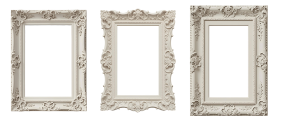 Ornate vintage picture frame in off white with floral details set transparent background