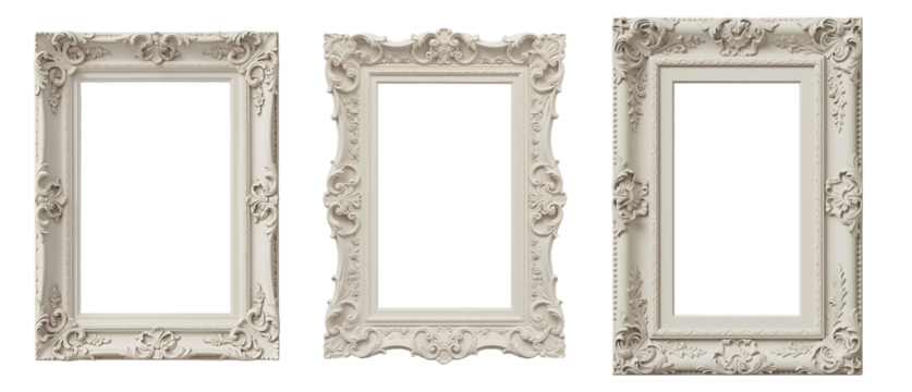 Ornate vintage picture frame in off white with floral details set transparent background