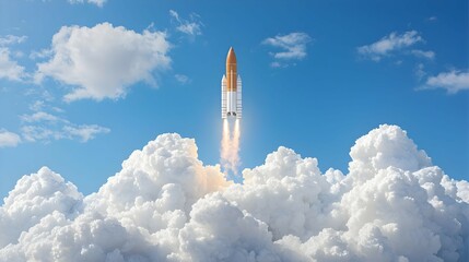 Spacecraft Launching Through Clouds Under a Bright Blue Sky