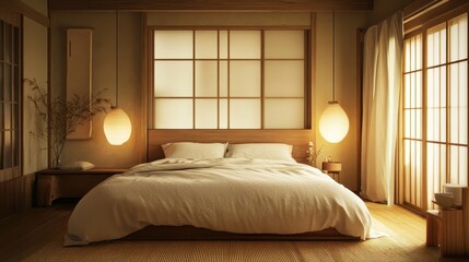 Obraz premium Serene bedroom featuring traditional japanese design elements and natural light