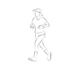 Woman with cap jogging illustration vector hand drawn with black lines isolated on white background