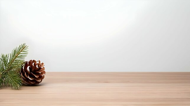 Pine Cone and Branch on Wooden Table Against White Background