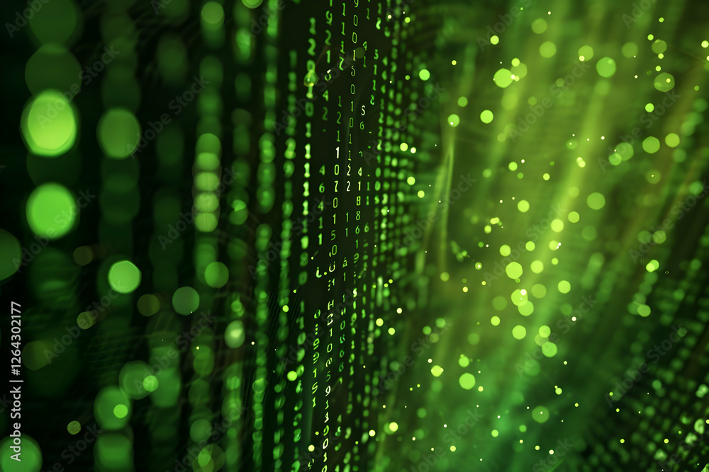 Poster abstract representation of digital data flow with green binary code and glowing particles in motion