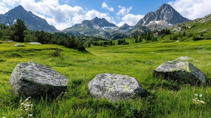 Mountain meadow landscape under a cloudy sky.  Possible use Stock photo for nature, travel, or tourism