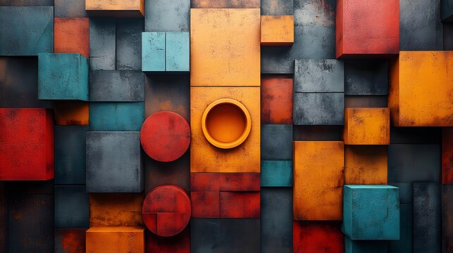 Fototapeta Abstract geometric composition with textured cubes and circles background