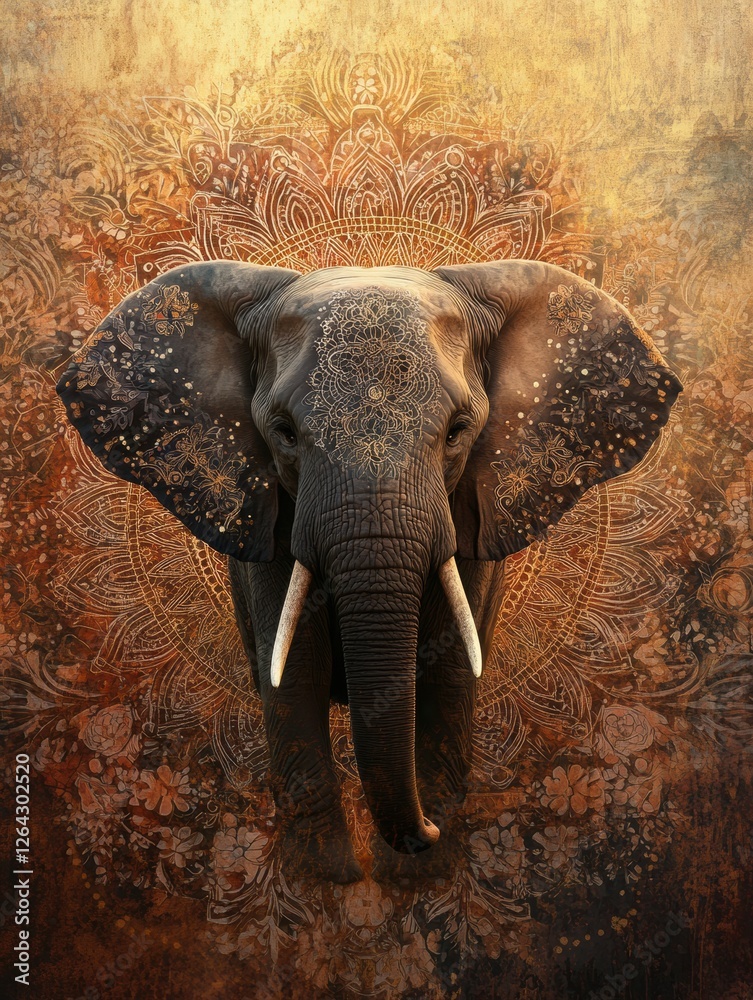 Leinwandbilder Majestic elephant adorned with intricate patterns on a warm, decorative background in an artistic portrayal. Generative AI