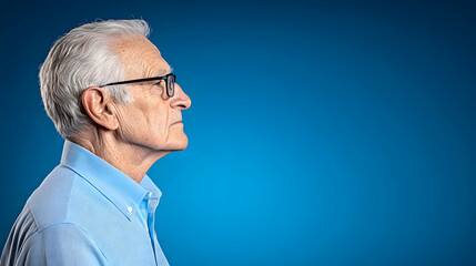 Senior man in blue shirt profile with eyeglasses, looking ahead, blue background generative AI