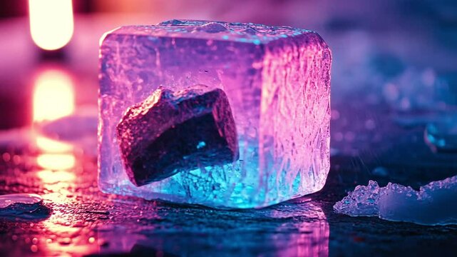 Colorful ice cube with a dark object illuminated by vibrant purple and blue lights on a reflective surface