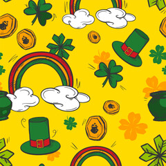 St. Patrick's Day vector seamless pattern hand drawn.  Many clover leaves, big rainbow, small green pot, coins. Holiday symbols graphic set. Bright festive print. Flat cartoon style. Funny simple art