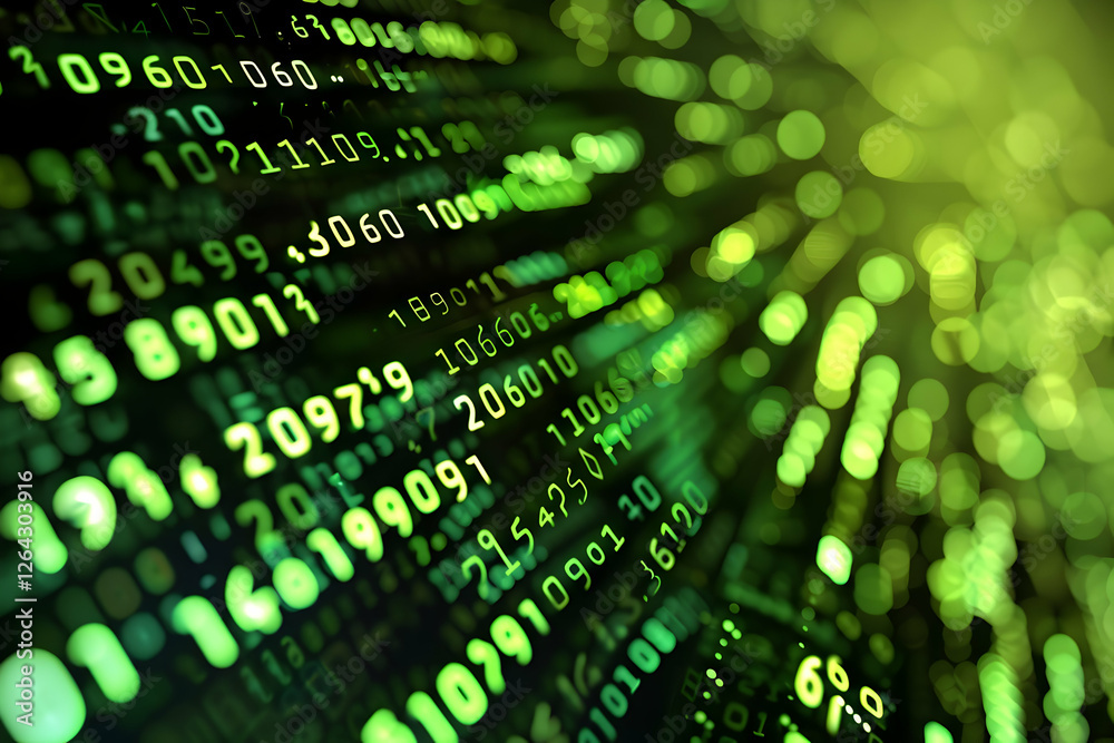 Poster abstract digital background with flowing green binary code, representing data transmission and techn