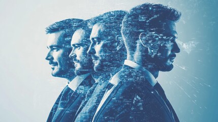 Virtual silhouettes of businessman from profile, with abstract data display floating in the air, on light background, copy space, place for text