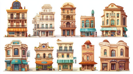 Urban retro building cartoon vector set illustration. Old and modern shopping mall, residential, government buildings with shop, restaurant or cafe on lower floor, isolated on white background
