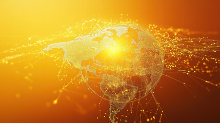 A golden gradient background with digital connections forming the shape of an earth