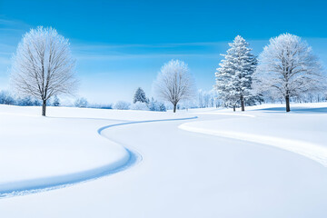 Fototapeta premium Snowy path leading to a forest in a winter landscape. Serene backdrop. Stock generative AI