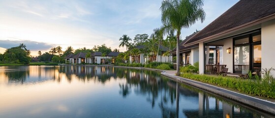 Fototapeta premium Sunset view of tranquil villas by lake. Resort getaway