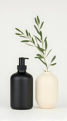Soap and vase with greenery on a white background. Home decor for bathroom use generative AI