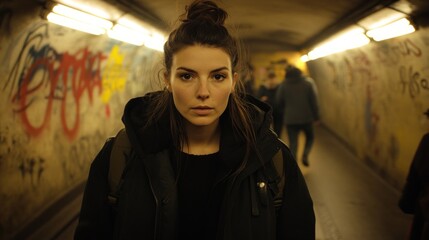 Obraz premium Woman subway tunnel graffiti urban portrait commute
