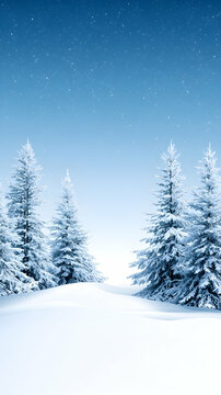 Snowy pines in winter landscape scene, with clear blue skies for seasonal use generative AI