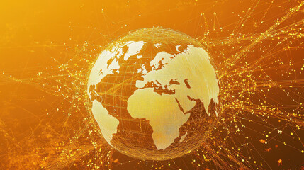 A golden gradient background with digital connections forming the shape of an earth