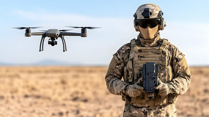 Soldier operates drone in desert. Surveillance, remote control. Military application generative AI
