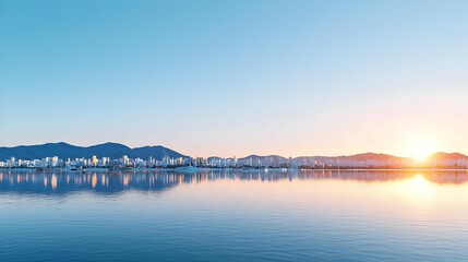 Obraz premium Sunrise Over Calm Water With City Reflections