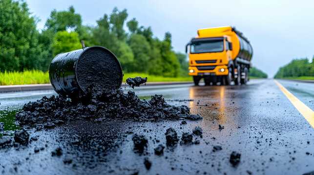 Spilled tar on road, truck in background, hazard materials, road safety, transport generative AI