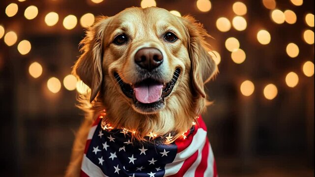  portrait Cute dog in American flag collar. Happy dog celebrates with American Flag. video.