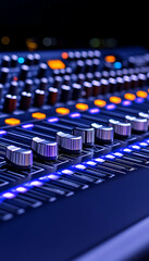 Obraz premium Studio recording console music production, audio mixing; studio background; advert generative AI