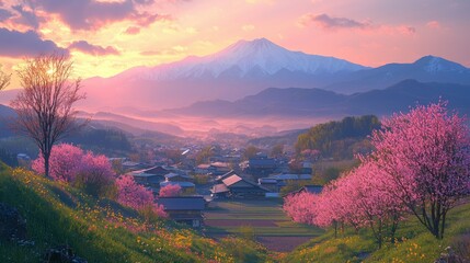 Serene Sunrise over Japanese Village with Blossoming Cherry Trees and Majestic Mountains