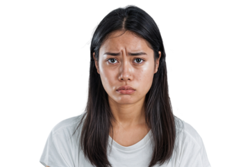 Portrait of woman crying and looking stressed, isolated on transparent background